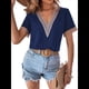 thumbnail image 2 of Blusas de Verano de Corta para Mujer, con Encaje y Cuello en V, Elegantes e Informales, Color Azul Oscuro, S, 2 of 7