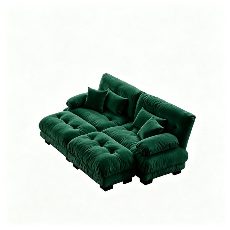 ANPPORT Cloud Couch Sleeper Sofa, Chenille Green 2-Seater Modular Sofa with 2 Ottomans, 2 Lumbar pillows, 2 Pillows, Comfy Deep Seat Cloud Sofa, Convertible L-Shaped Floor Couch for Living Room