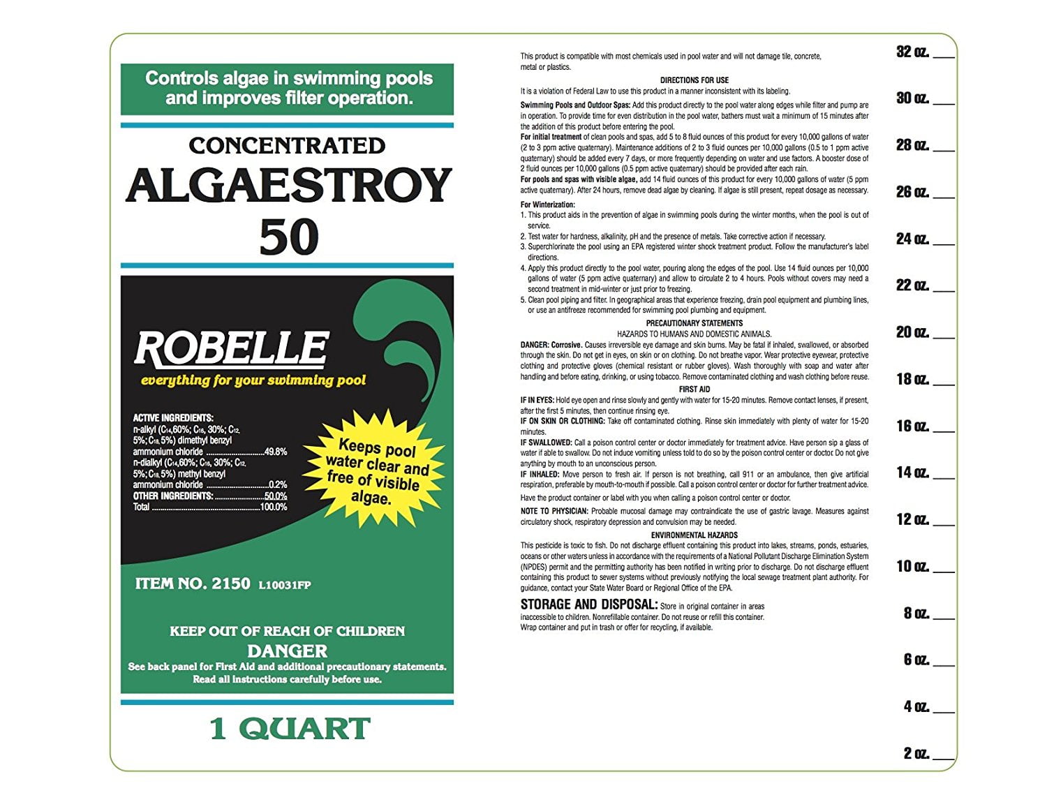 Robelle Concentrated Algaestroy 50 Swimming Pool Algaecide, 1