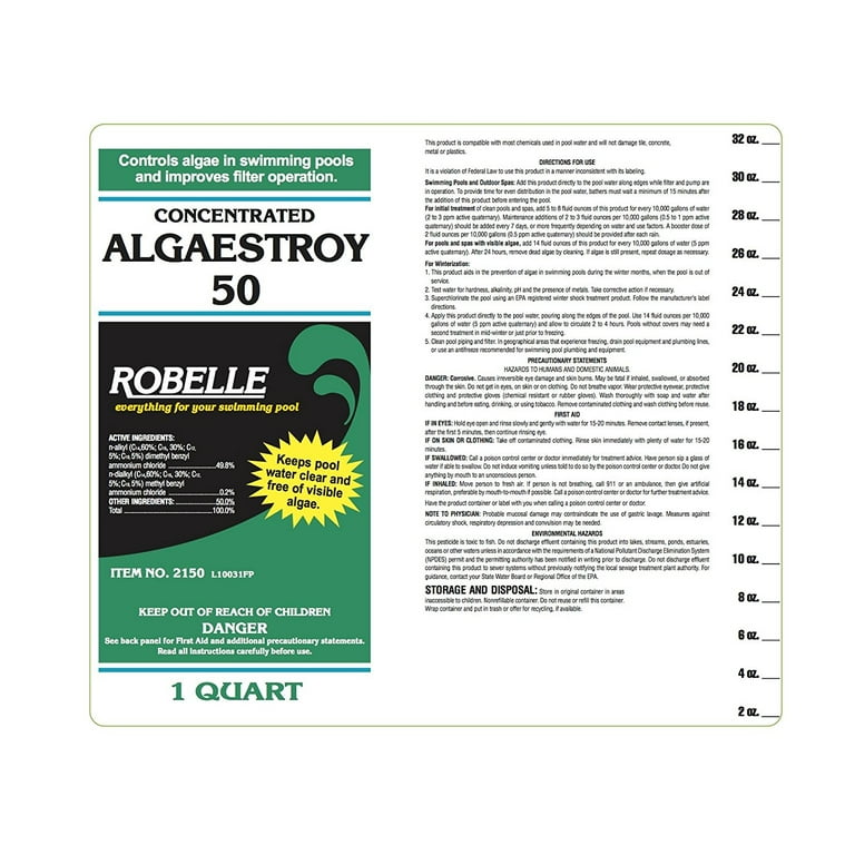 Robelle Concentrated Algaestroy 50 Swimming Pool Algaecide,