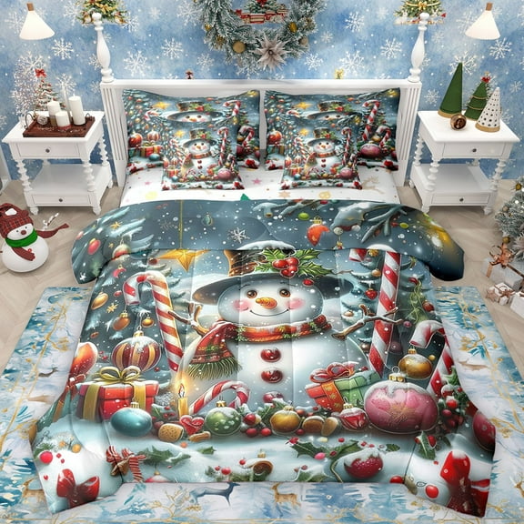 Homewish Xmas Snowman 7-Piece Twin Bedding Sets For Teens Boys Girls,Festival Candy Cane Bedding Comforter Set,Merry Christmas Breathable Sheet Sets,Ultra Soft Home Decor,Reversible
