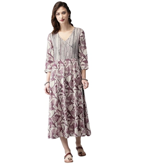 eloria Floral Printed Knee Length Dress With Three-Quarter Sleeves In V Neck Neck Design