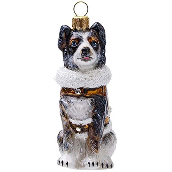 Australian Shepherd with Faux Shearling Coat Polish Glass Dog Ornament Aussie