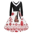 thumbnail image 1 of TIMIFIS Robes de Noël pour Femmes Imprimé de Noël Laid Robes Ligne A Robe de Bal Col en V Manches Longues Plissée Rétro, 1 of 3