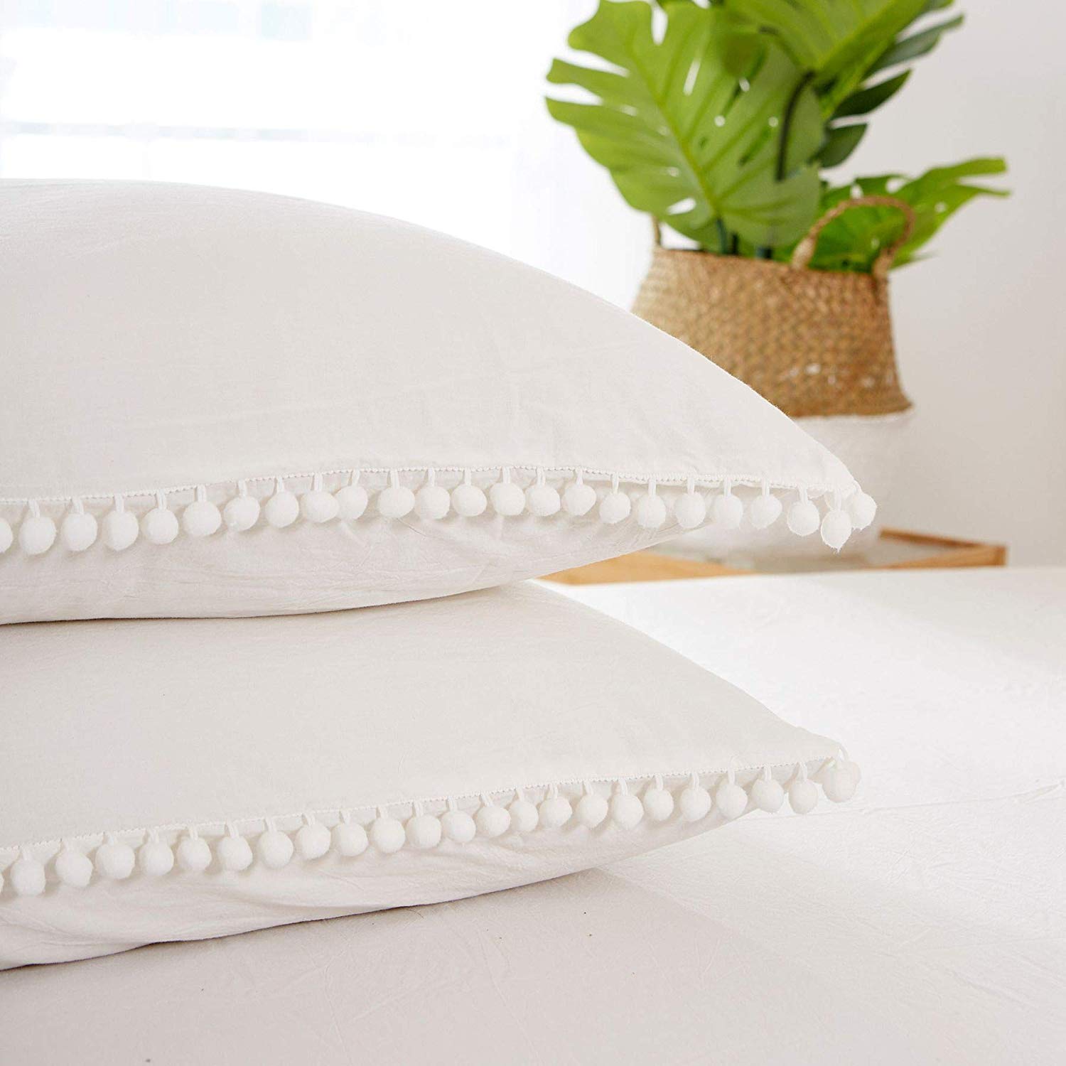 MarCielo Cotton Duvet Cover Set 3 Piece 100% Washed Cotton Duvet Cover 1 Duvet Cover + 2 Pillowcases Pompom (White, King(104x90)