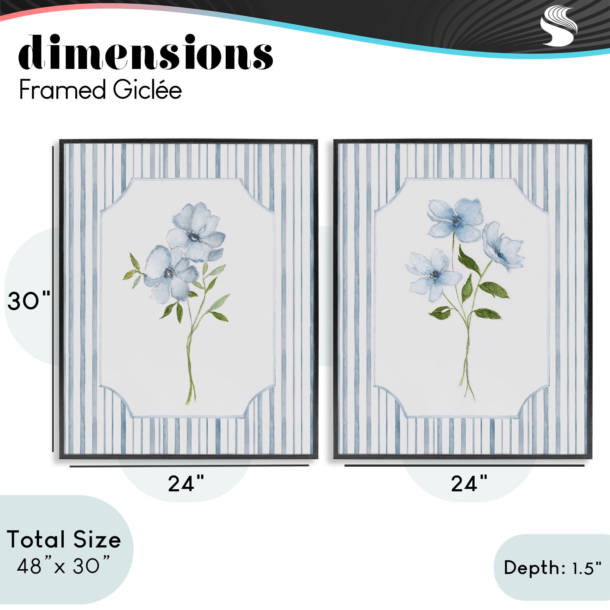 Stupell Industries Blue Blooms & Stripes 2 Piece Black Framed Giclee Art Set, design by Tava Studios