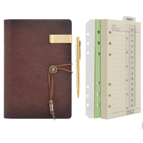 WONDERPOOL Diario de Cuero A6 Carpeta de 6 Anillas Recargable Cuaderno con Papel Rayado y Bolígrafo Diario de Escritura para Viajes de Trabajo y Plan de Agenda (A6 Marrón)