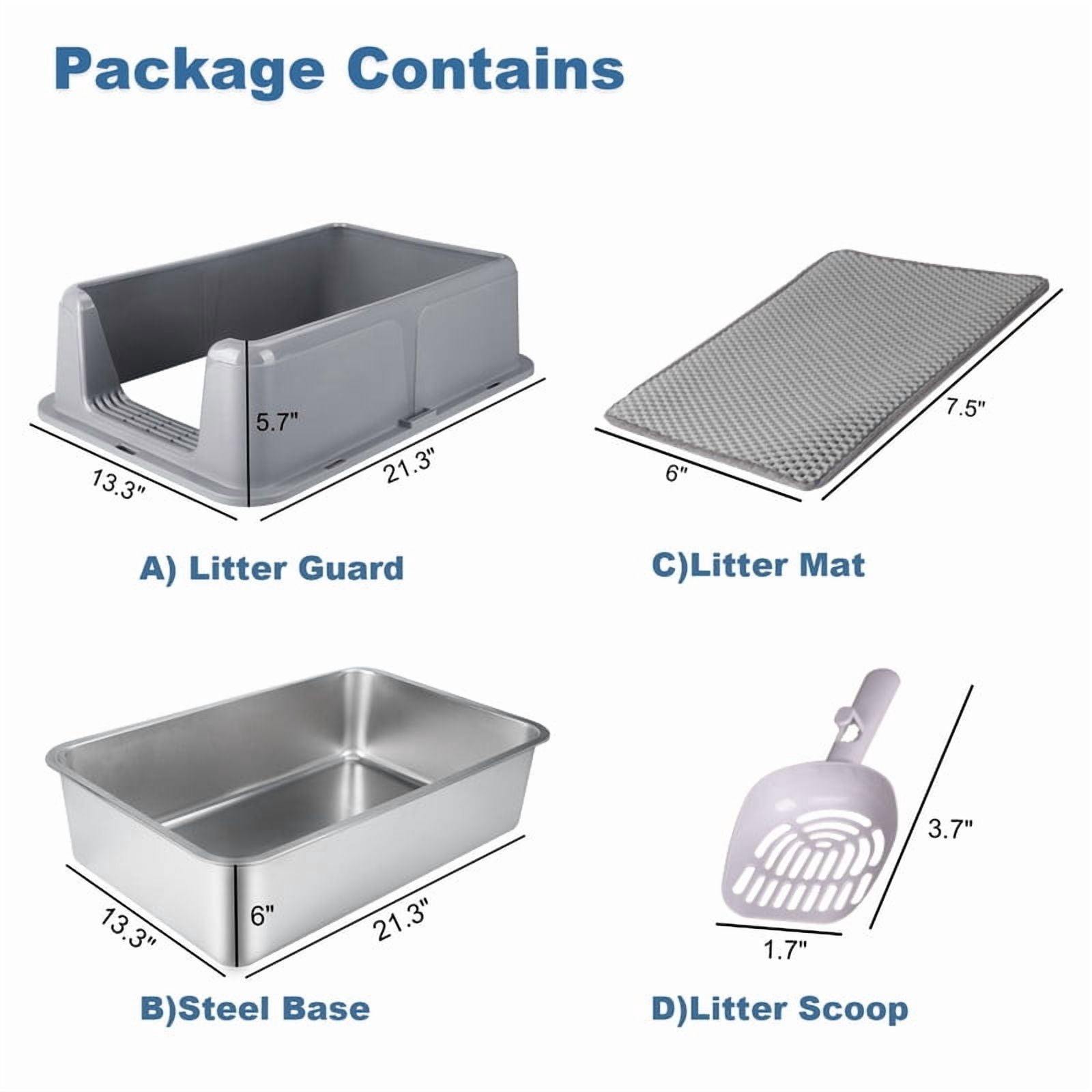 Jumbo Cat Litter Box Stainless Steel - Extra Large Open Top for Big Cats, High Sides Reduce Scatter, Non Stick & Leak Proof, Easy Clean w/Scoop & Mat