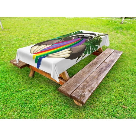 

Sloth Outdoor Tablecloth Indolent Jungle Animal Spitting Rainbow Colors on Banana Leaves Backdrop Happy Mood Decorative Washable Fabric Picnic Tablecloth 58 X 120 Inches Multicolor by Ambesonne