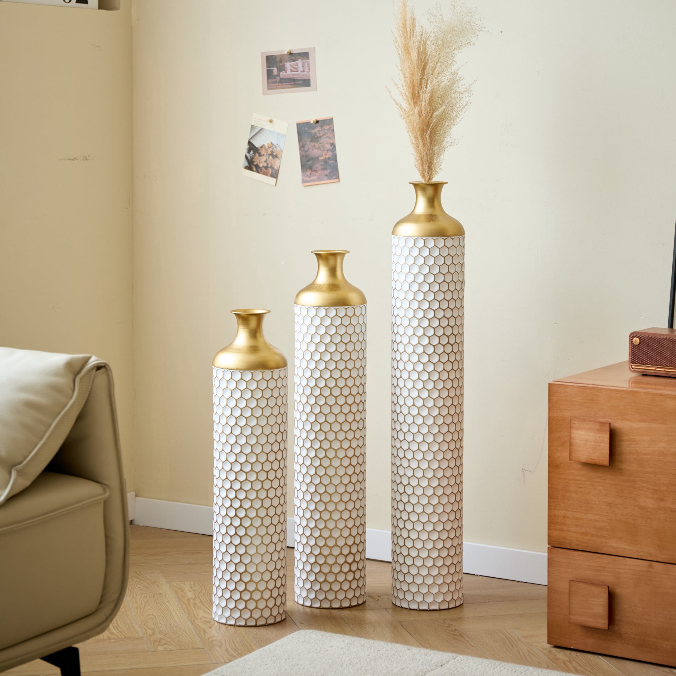 Noble House 3-Piece Metal Floor Vase Set, Textured Honeycomb Pattern, Gold + White