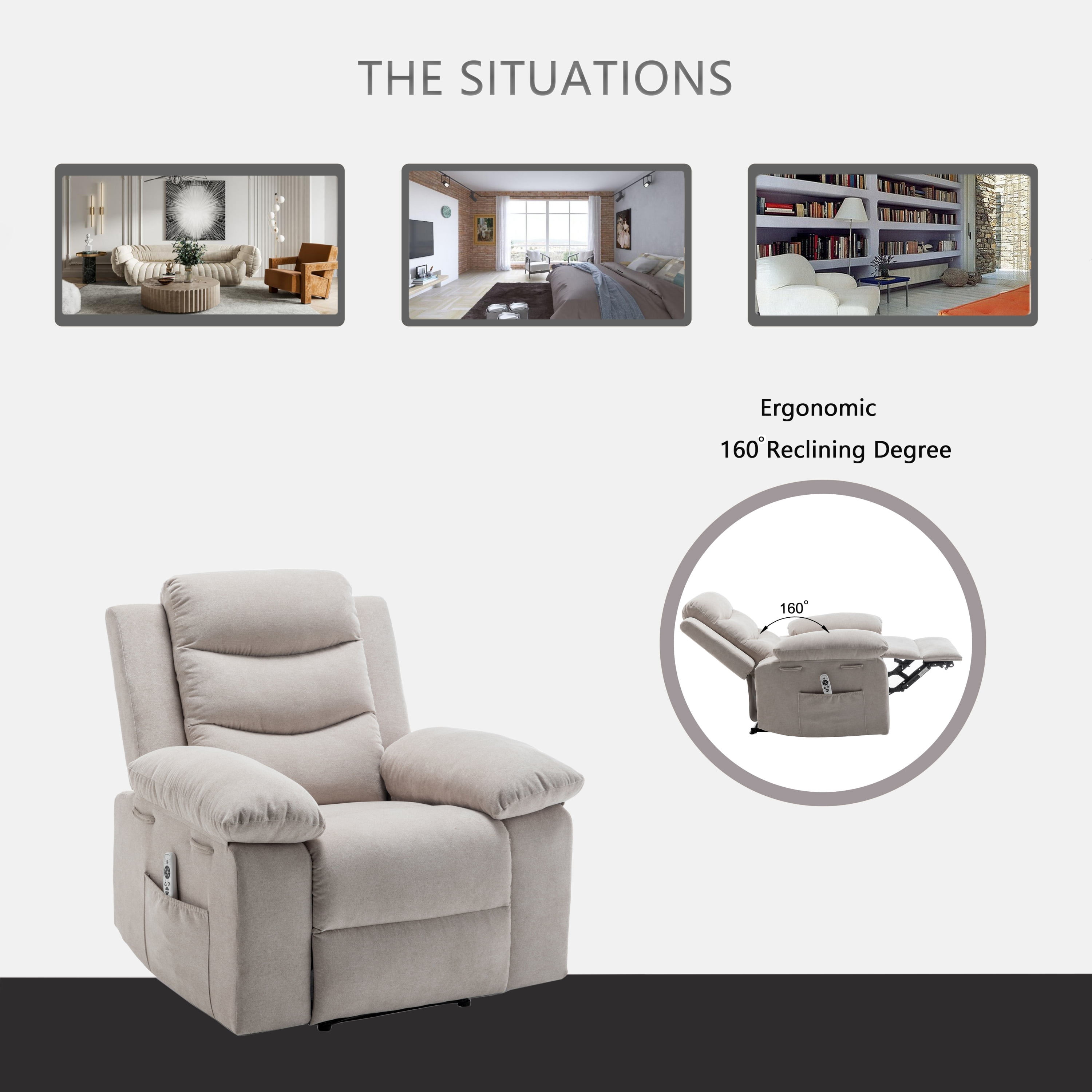 MOONMISS Velvet Adjustable Massage Function Side Pocket Power Recliner Chair with Heating System-Camel