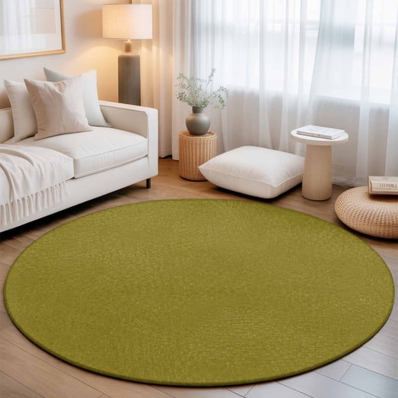 Olive Green Grain Texture Round Living Room Rugs 7 ft, Vintage Industrial Moss Solid Color Washable Area Rug with Non-Slip Sturdy Edge Binding Round Carpet for Kitchen Office Bedroom