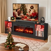 Dovov 70" LED TV Stand for TVs Up to 80", Wooden Modern Entertainment Center Media Console Table with 36" Electric Fireplace, LED Light and Glass Shelves, Black