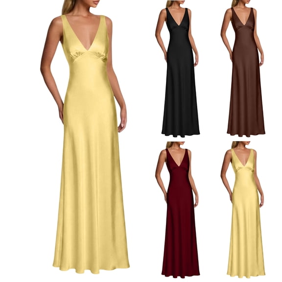 Tqcoqu Women's Satin Deep V Neck Dresses,Sleeveless Empire Waist Maxi Evening Dress Bridesmaid Gown,Black Women's S-XXL