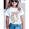 thumbnail image 1 of Camiseta gráfica de unicornio - Estampado "MAGIC" con crines arcoíris, manga corta, estilo casual, top de punto ligero, para primavera/verano/otoño, camiseta informal | Pl, 1 of 6