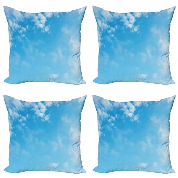 Blue Throw Pillow Cushion Case Pack of 4, Open Summer Sky with White Clouds Freedom Feeling Heavenly High Scenic Photo, Modern Accent Double-Sided Print, 4 Sizes, Sky Blue and White, by Ambesonne