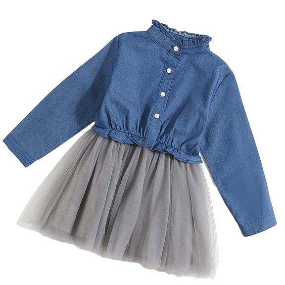 LYMAYTER Kids Girls Denim Dresses Baby Sweet Mesh Princess Peplum Toddler Spring Fall Long Sleeve Dress for 2-8 Years