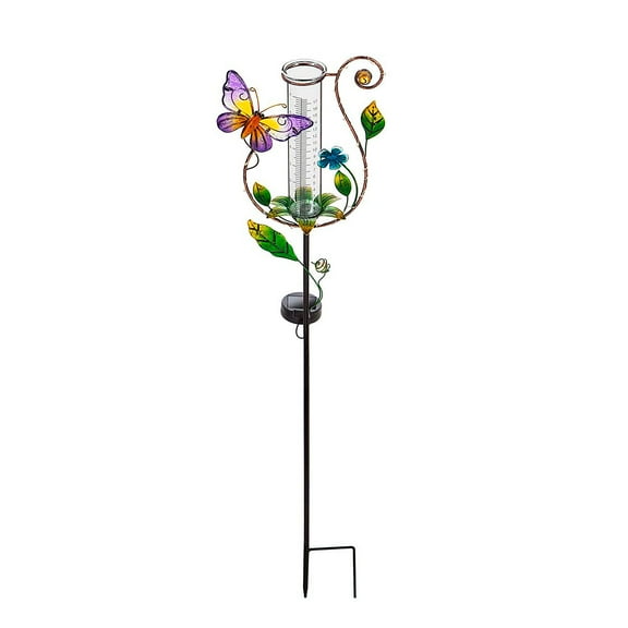 Evergreen 36.25"H Twinkling Light Solar Rain Gauge Garden Stake, 3 Asst, Butterfly/ Dragonfly/Bee, 8.7''x 5.5'' x 36.2'' inches