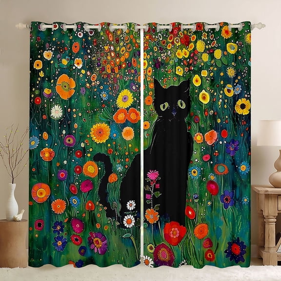 Manfei Black Cat Black Out Curtains for Kids Children,Colorful Flowers Curtains Pack of 2 (42x63 Each),Cartoon Animal Bedroom Curtains,Super Cozy Room Decor