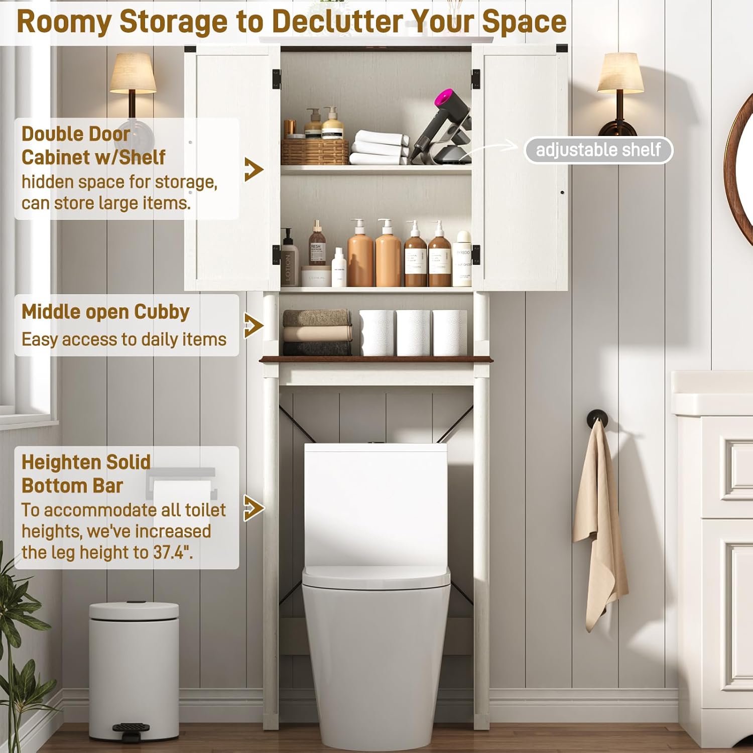 Over The Toilet Storage Cabinet with 2 Barn Doors, Farmhouse Wood Bathroom Storage Cabinet with Roman Column Decor, Over Toilet Bathroom Organizer with Adjustable Shelf & Door Cabinets, Rustic White