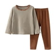thumbnail image 2 of BRGZLK Kids' Stripe Pure Cotton Warm Underwear Loungewear Round Neck Long Sleeve Long Pants Base Layer Home Clothing Two Pieces Set Coffee 15-16 Years, 2 of 5