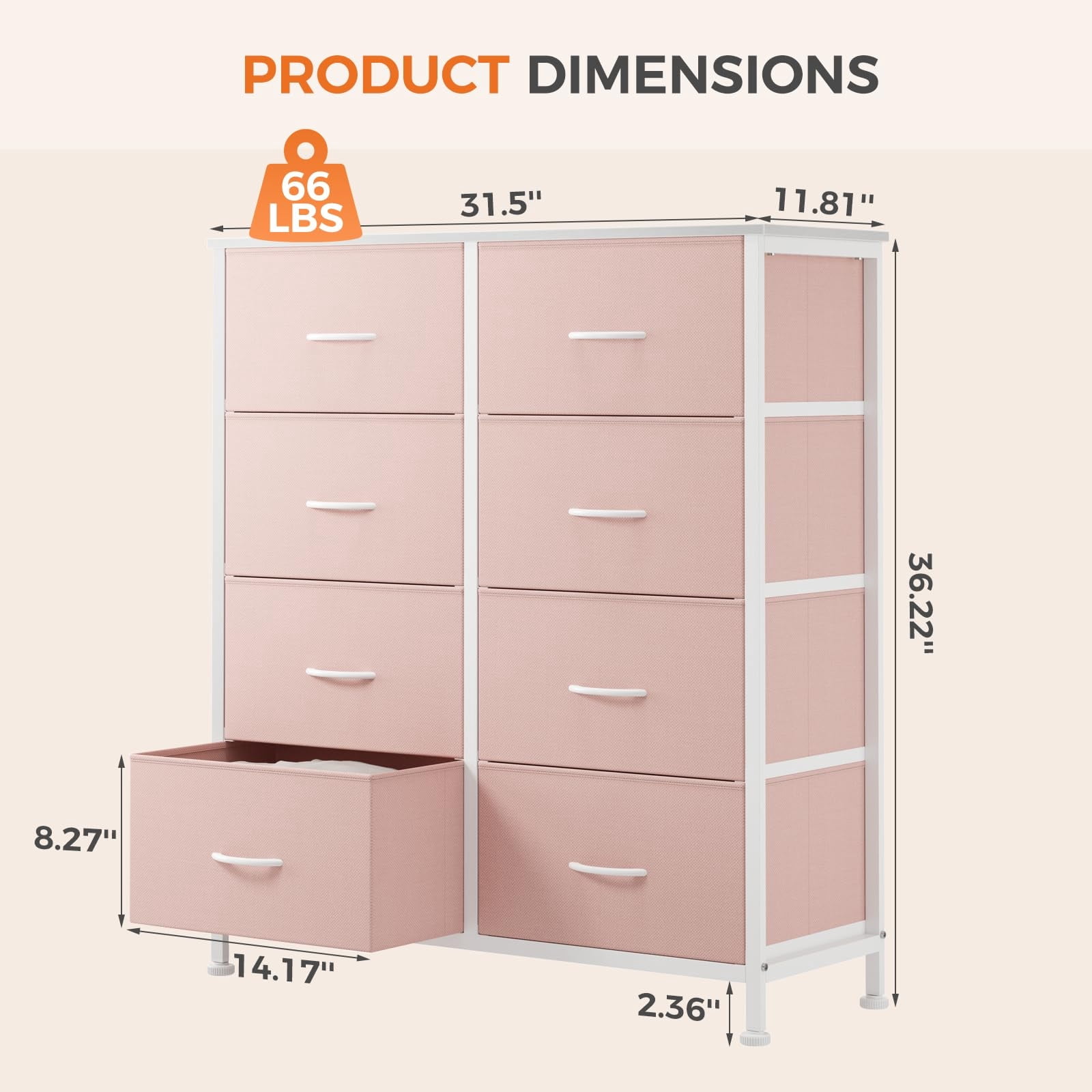 Telyra 8-Drawer Fabric Dresser Tall Storage Tower with Wood Top and Steel Frame Bedroom Closet Organizer, Pink
