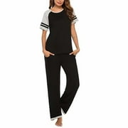 Womens Pajamas Set Short Sleeve Top and Pants with Pockets Cotton Sleepwear Pjs Sets, S, Black