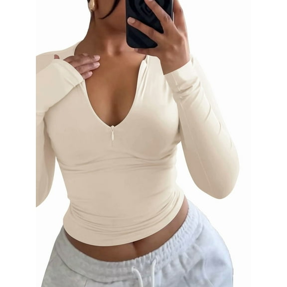 Quarter Zip V Neck Long Sleeve Cropped Top Going Out Tops for Womens Fall Fashion 2025 Oatmeal Color M
