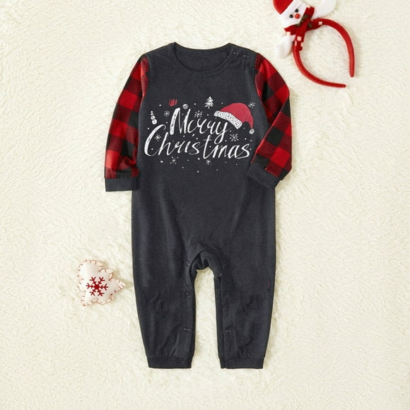 EGNMCR Pyjamas de Noël pour la Famille, Tenue de Nuit Classique à Carreaux pour Noël Tenue Parent-Enfant de Noël Tout-Petit Bébé Blouse à Imprimé de Lettres+pantalon Vêtements de Famille Pyjamas Femmes Blouse Pantalon