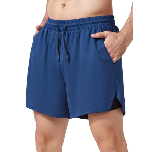 Pantalones cortos deportivos para hombre para correr de secado rápido con forro 2 en 1 con bolsillos MABOTO Azul real/XL