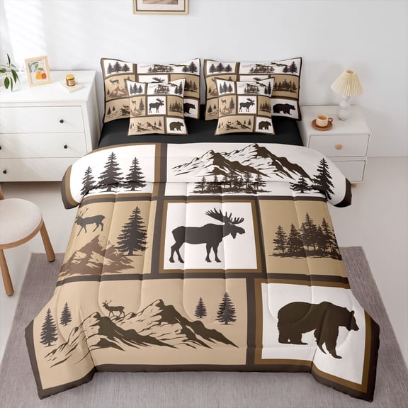 Manfei Jungle Wildlife 7-Piece Twin Bedding,Mountain Pine Bedding Comforter Set,Brown,Black Reversible