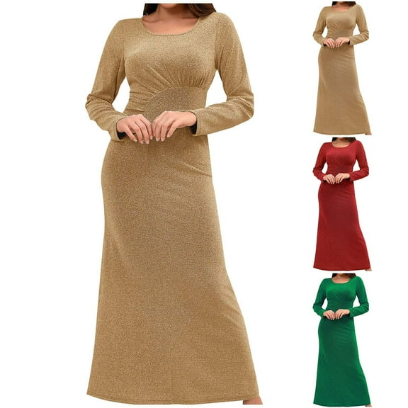 SMihono Fashion Women's Glitter Long Sleeve Maxi Dress Elegant Scoop Neck Formal Evening Party Wedding Guest Bridesmaid Holiday Gold 8