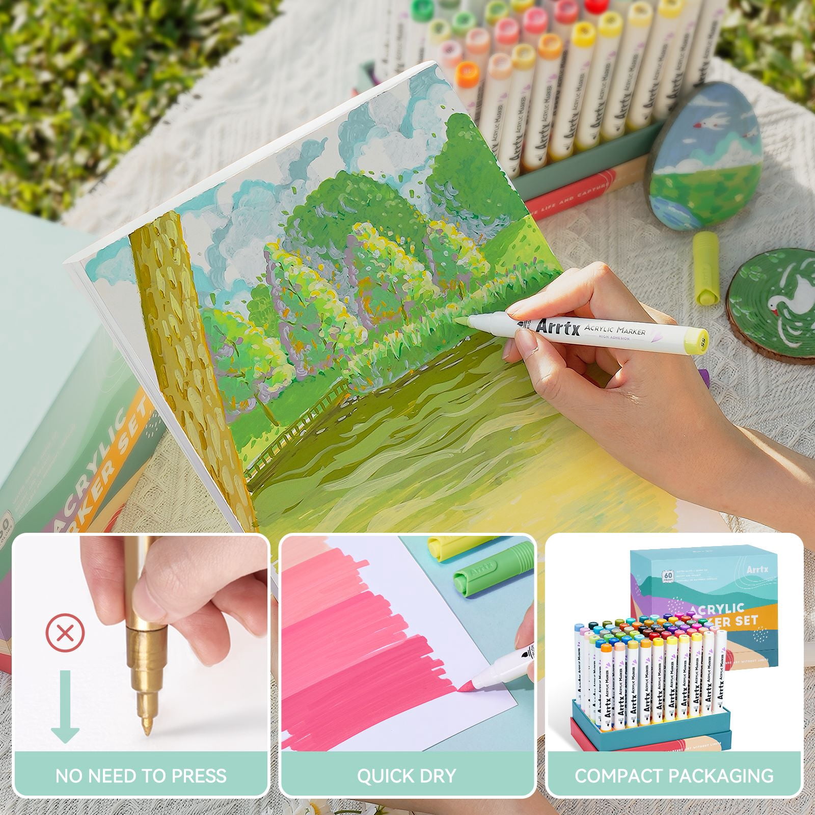 Arrtx Acrylic Paint Markers, Set of 60, 1-6mm Warter-Based Brush Tip Acrylic Paint Pens, Landscape Theme