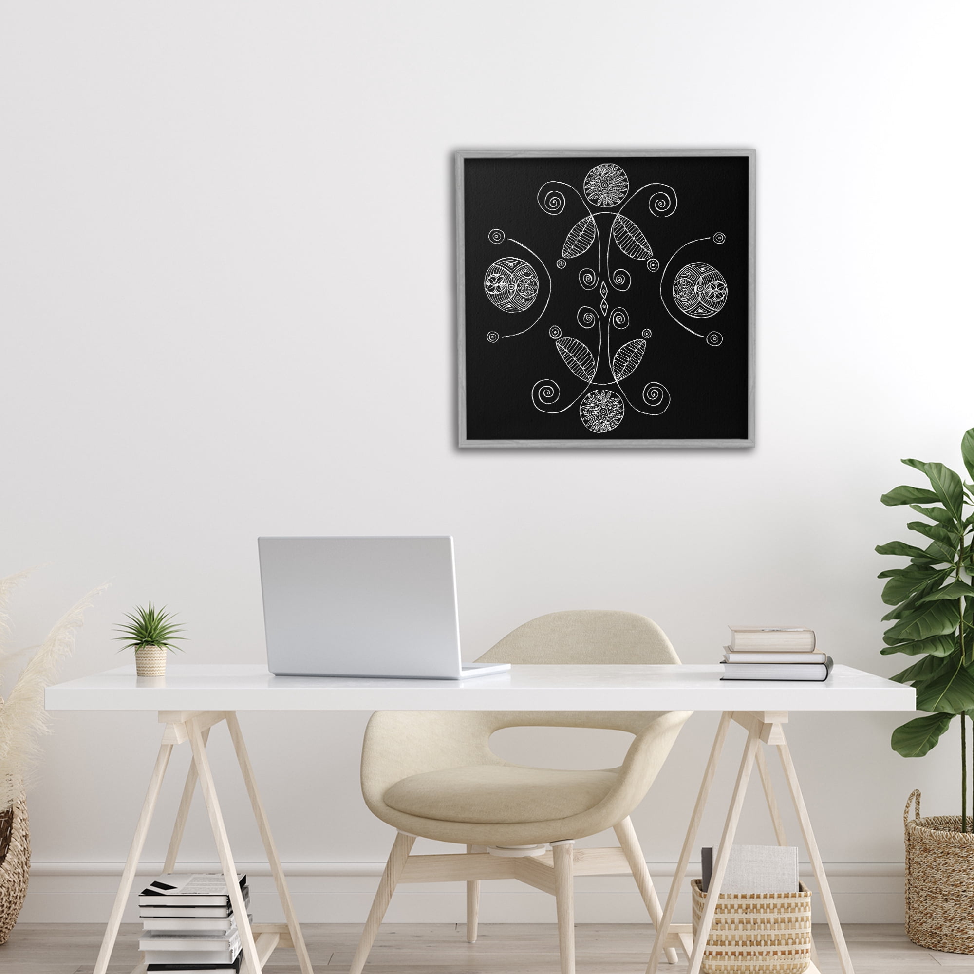 Stupell Industries Curved Fractals & Leaves Gray Framed Giclee Art, design by El Perkin