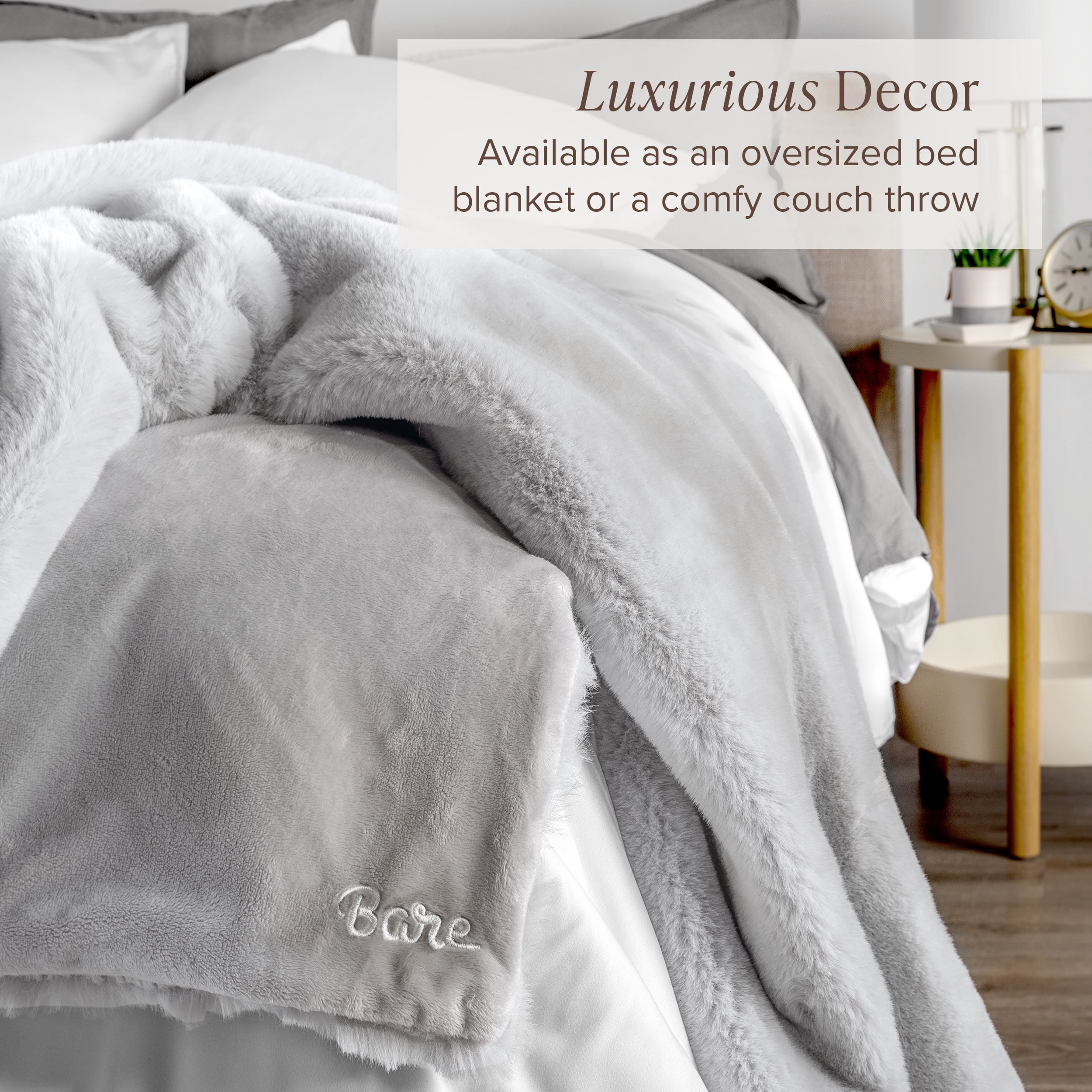 Bare Home Faux Fur Blanket - 47" x 60" - Ultra Soft Fleece - Throw, Silver