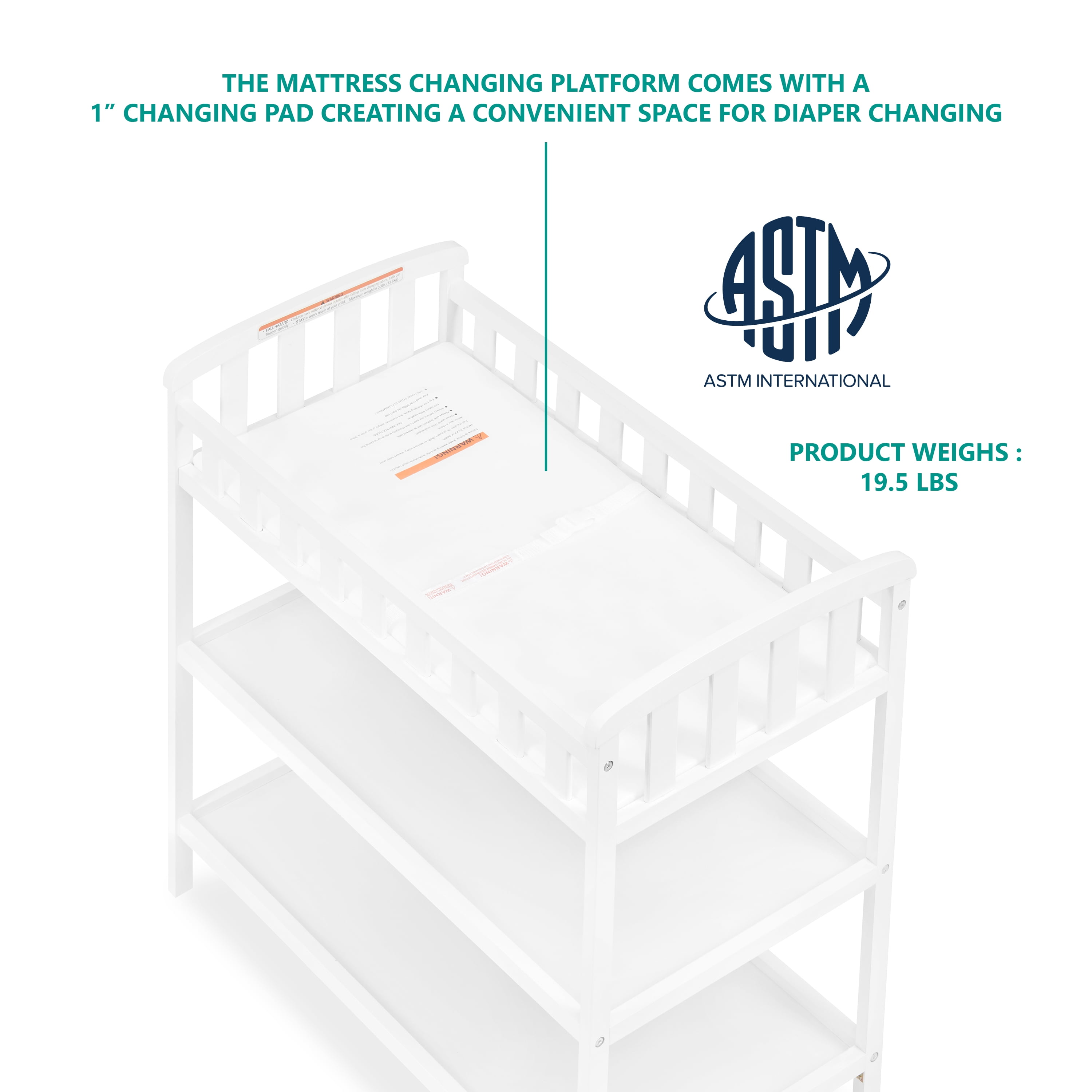 Dream On Me Emily Baby Changing Table with 2 Shelves and Changing Pad, White
