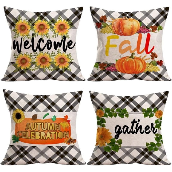 Welcome Fall Autumn Gather Quote Throw Pillow Cover Set of 4 18x18 Inch Outdoor Sunflowers Pumpkin Decor Farmhouse Decorative Pillow Case Cotton Linen Home Pillowcase for Couch (WFG 4PCS)
