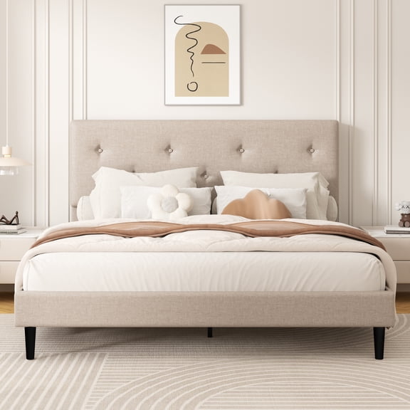 Frostbloom Queen Size Linen Upholstered Platform Bed Frame with Adjustable Headboard, Beige