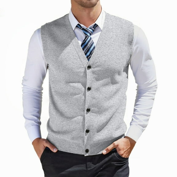 GBSYEWXS Men Vest Sweaters Gentleman Sleeveless V-Neck Cardigan Solid Color Thermal Light Gray Sweater