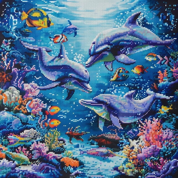 Family of Dolphins in Ocean DIY 11CT Stamped Cross Stitch Kits for Beginners Easy Needlepoint Embroidery Counted Cross Stitch Art Craft for Wall Decoration 14x14inch(4)