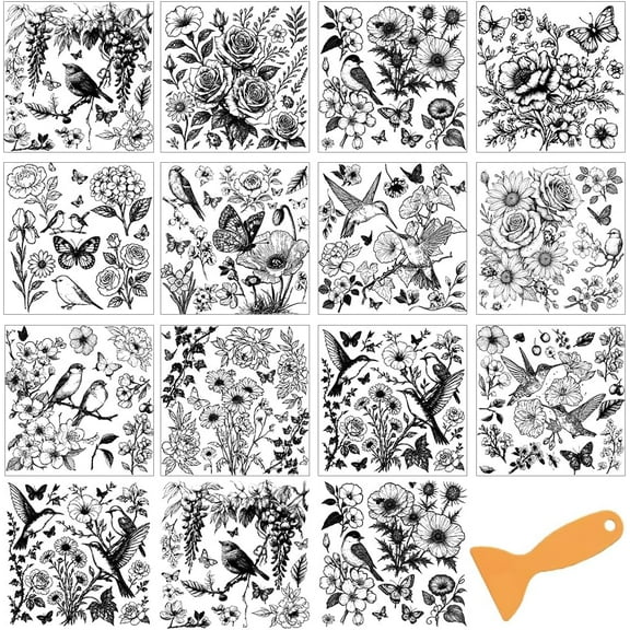 12 Sheets Rub on Transfers for Crafts and Furniture 12 Styles Black White Line Drawing Flowers Rub on Transfer Stickers PVC Rub On Decals for DIY Home Window Craft Decor 5.5x5.5 Inch