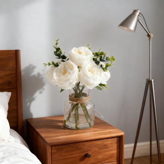 Lifelike Artificial White Roses in Vase with Faux Water – Realistic Fake Flower Arrangement for Table Centerpiece, Dining Room, Wedding, Home, Restaurant – White