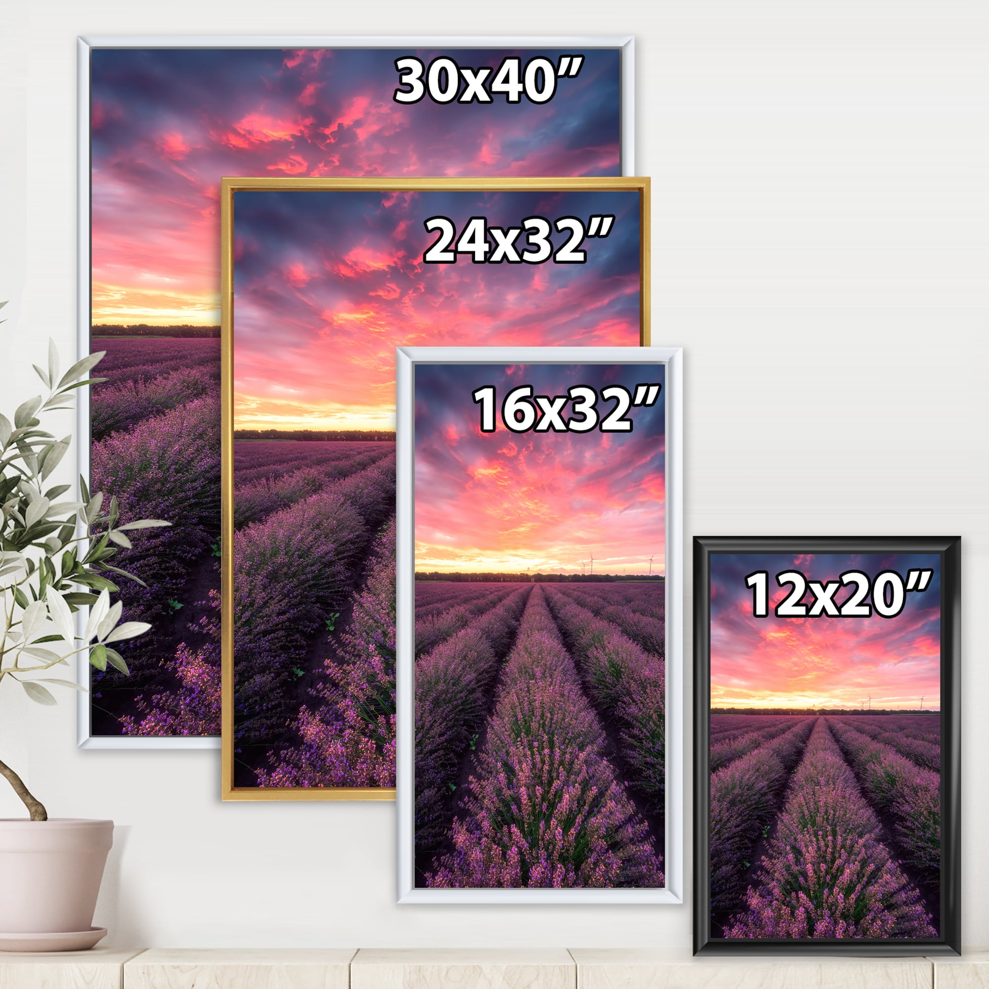Designart 'Dramatic Clouds and Sunrise Over Lavender Field XIV' Farmhouse Framed Canvas Wall Art Print