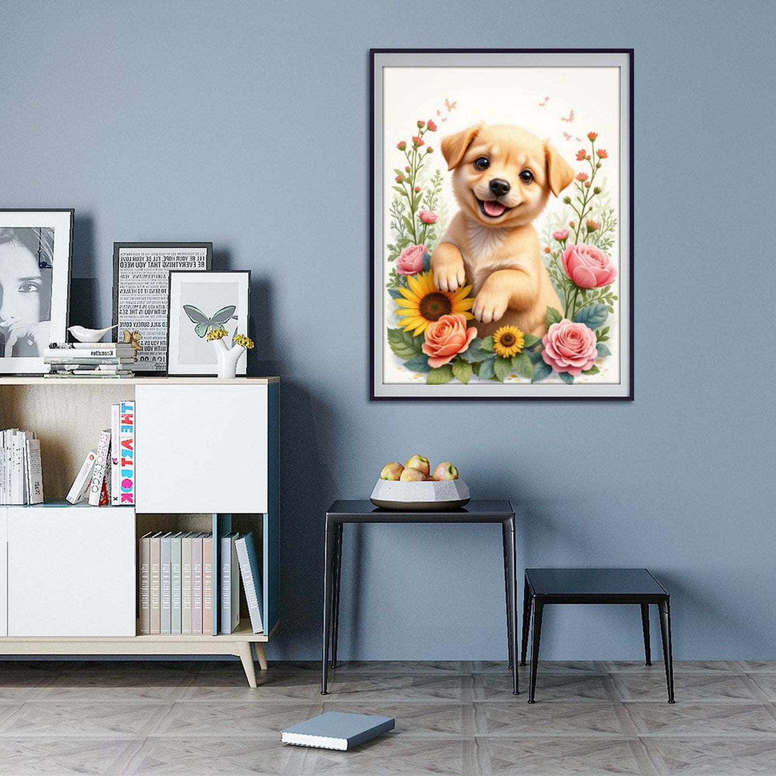 Diamond Art Kit for Adults, Adorable Puppy Floral Delight Diamond Painting for Adults Beginners, 5D DIY Diamond Art Painting Kits, Colorful Diamond Painting Craft for Home Decor 12x16