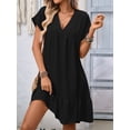 thumbnail image 5 of Women'S Short Sleeve V Neck Ruffle Hem Solid Swing Smock Dress Black XL, 5 of 9