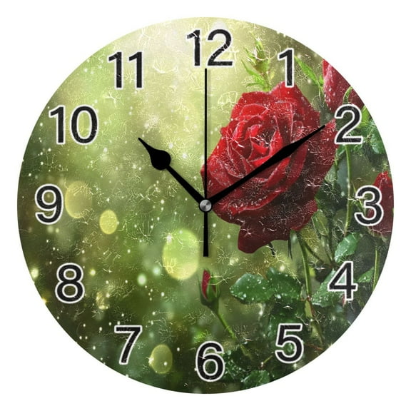 Ryvnso Red Roses Flowers Wall Clock Non Ticking Silent Kitchen Clock Battery Operated Clocks 10 inch