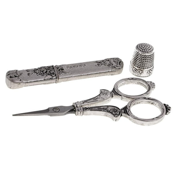 3pcs / Set Tijeras de material acero Inoxidable de Plata Vintage Y Dedal para Coser