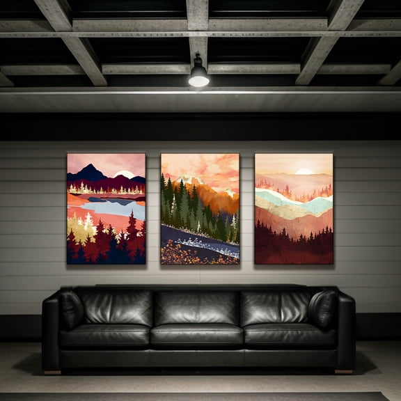 3pcs Set Serene Scandinavian Landscape Canvas Wall Art - Abstract Nature Triptych in Soft Pastel Hues (Pink, Green, Blue, Golden, Brown, White, Beige) - Frameless Wrapped Canvas Prints for Living Ro