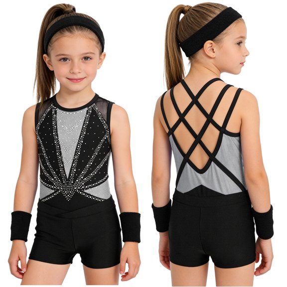 Aislor Girls Tank Unitards With Shorts Headband Gymnastics Leotard Athletic Ballet Dance Bodysuit Training Outfits Black Silver 10