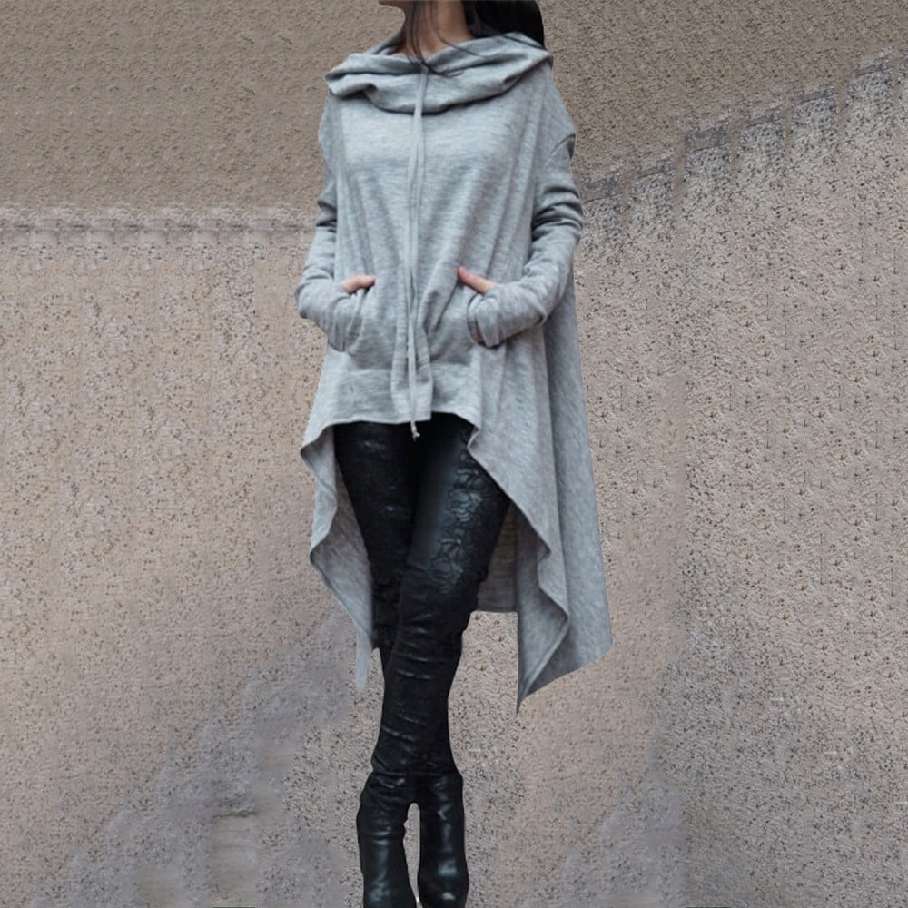 Womens Retro Long Hoodie Asymmetrical High Low Hem Full Sleeve Cowl Hooded Neck Drawstring Loose Sweatshirt Outwear (3X-Large, Gray)
